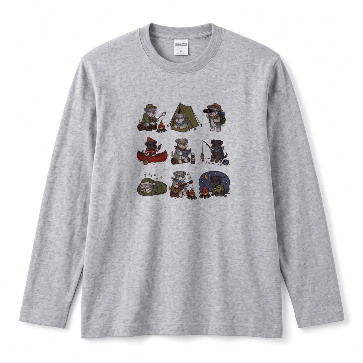 SCHNAUZER CAMP | 手描き風 シュナウザー キャンプギア かわいい グラフィック 長袖Tシャツ【犬雑貨・秋キャンプ・ルームウェア・ギフトに最適】