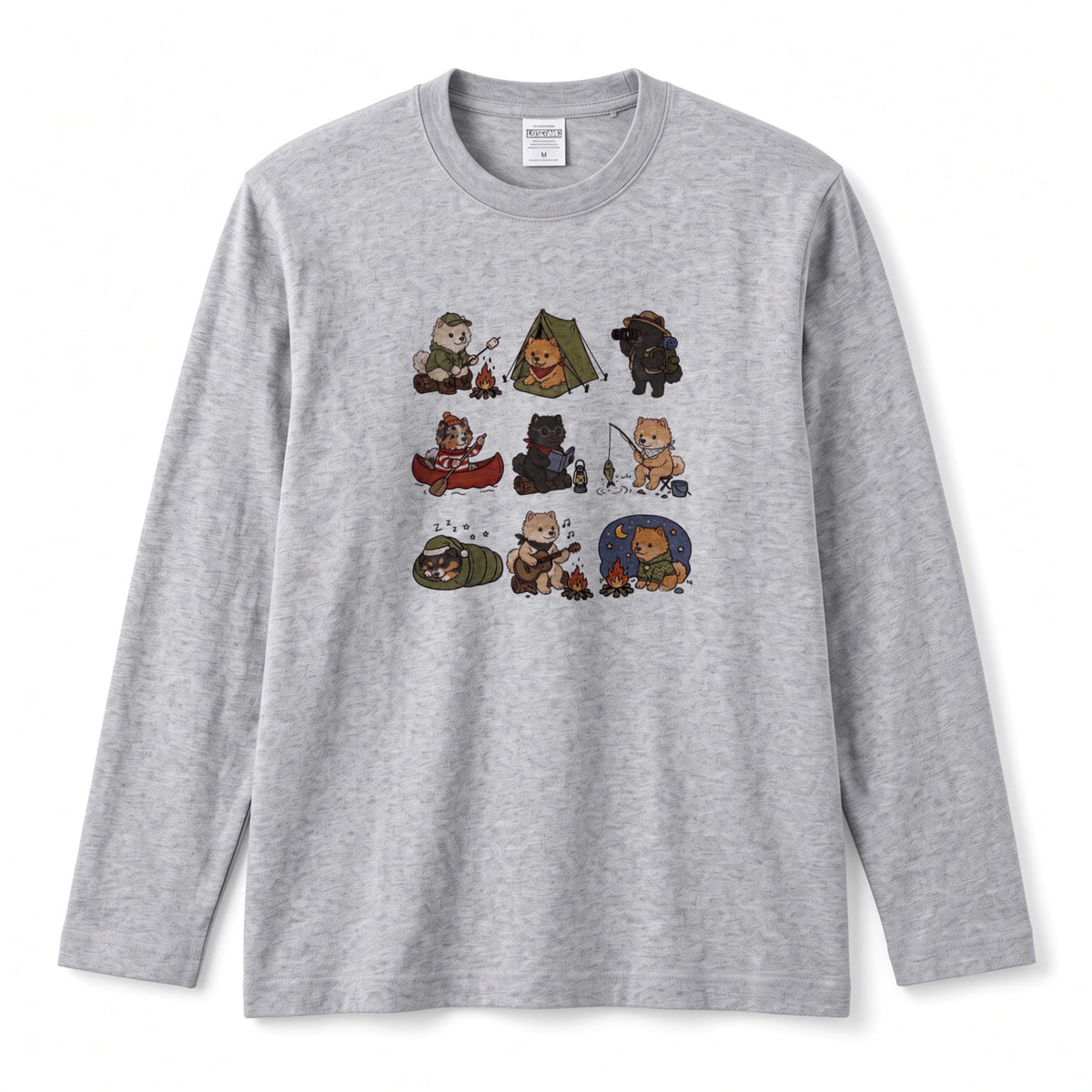 POMERANIAN CAMP | 手描き風 ポメラニアン キャンプギア かわいい グラフィック 長袖Tシャツ【犬雑貨・秋キャンプ・ルームウェア・ギフトに最適】