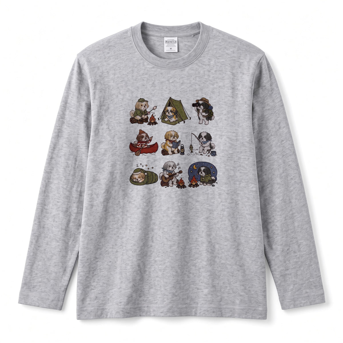 SHIH TZU CAMP | 手描き風 シーズー キャンプギア かわいい グラフィック 長袖Tシャツ【犬雑貨・秋キャンプ・ルームウェア・ギフトに最適】