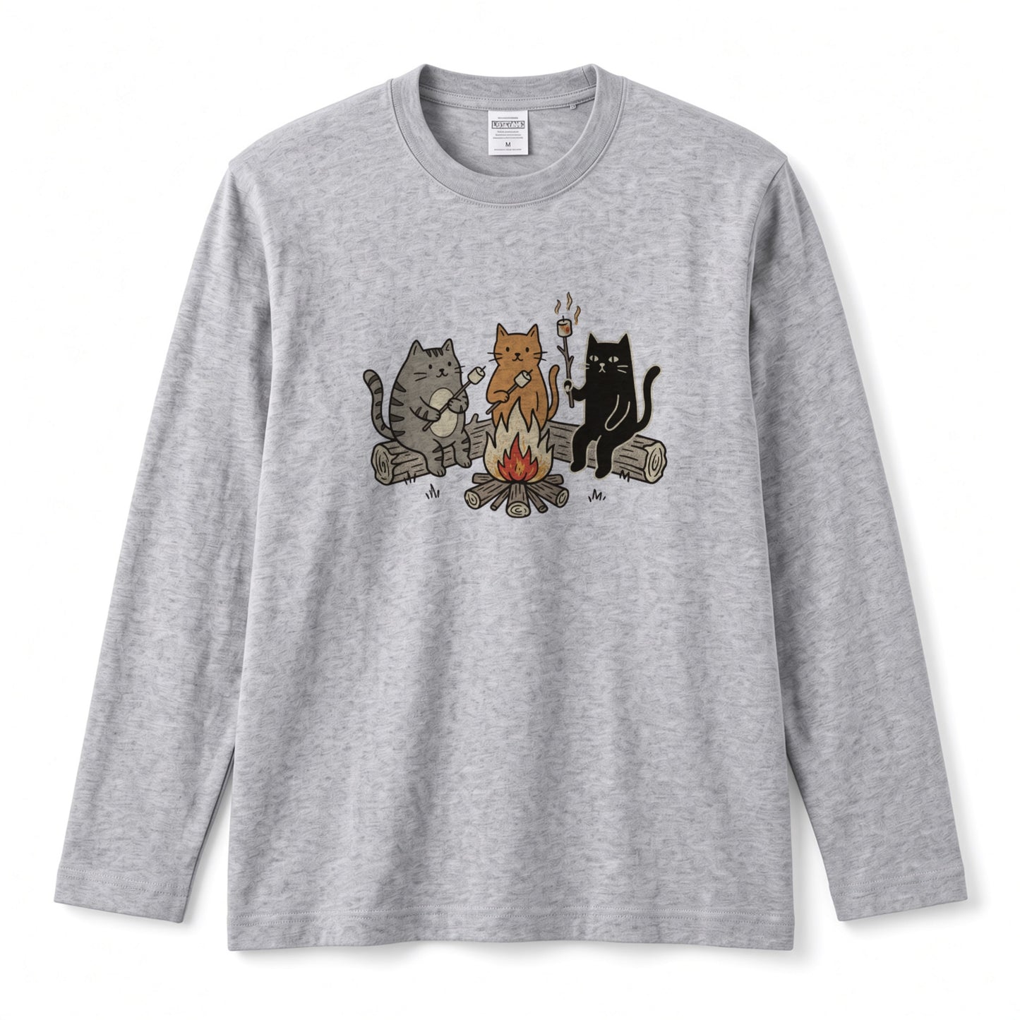 猫たちの焚き火マシュマロ 長袖Tシャツ