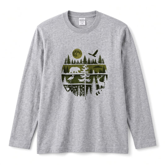 WILDLIFE FOREST ロンT | レトロ サークルグラフィック 森林浴 長袖 カジュアル Tシャツ【アウトドアファッション・普段着・ルームウェア・ユニセックス・ギフトに最適】