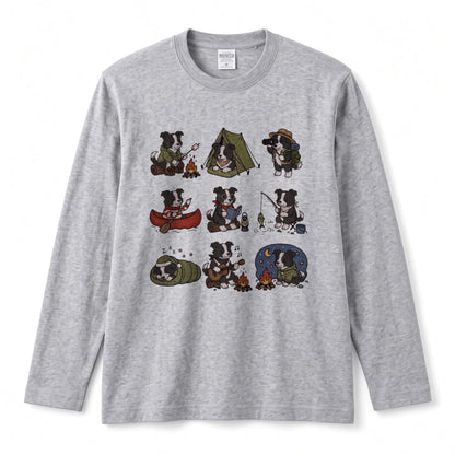 BORDER COLLIE CAMP | 手描き風 ボーダーコリー キャンプギア かわいい グラフィック 長袖Tシャツ【犬雑貨・秋キャンプ・ルームウェア・ギフトに最適】