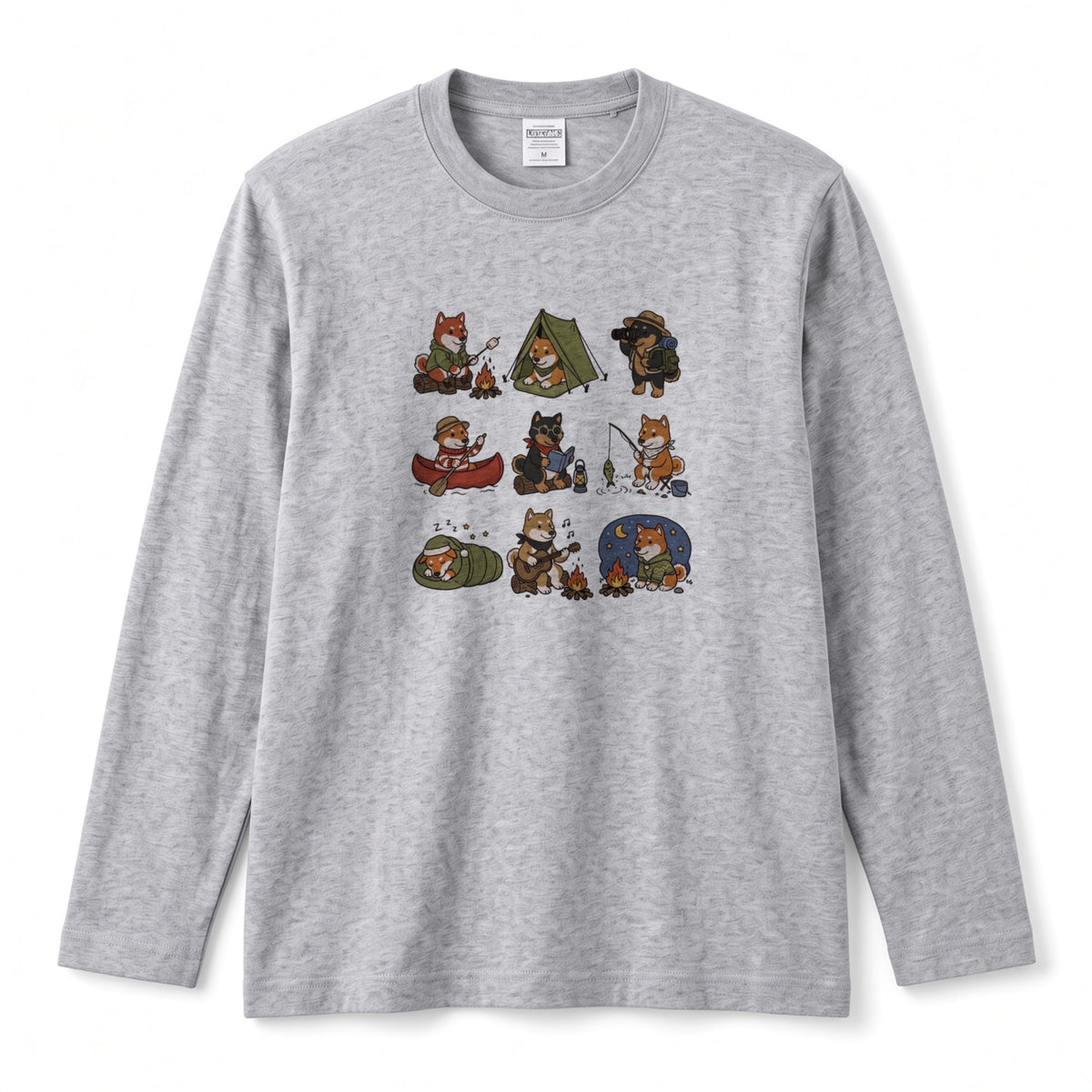 SHIBA CAMP | 手描き風 柴犬 キャンプギア かわいい グラフィック 長袖Tシャツ【和犬雑貨・秋キャンプ・アウトドア・ギフトに最適】