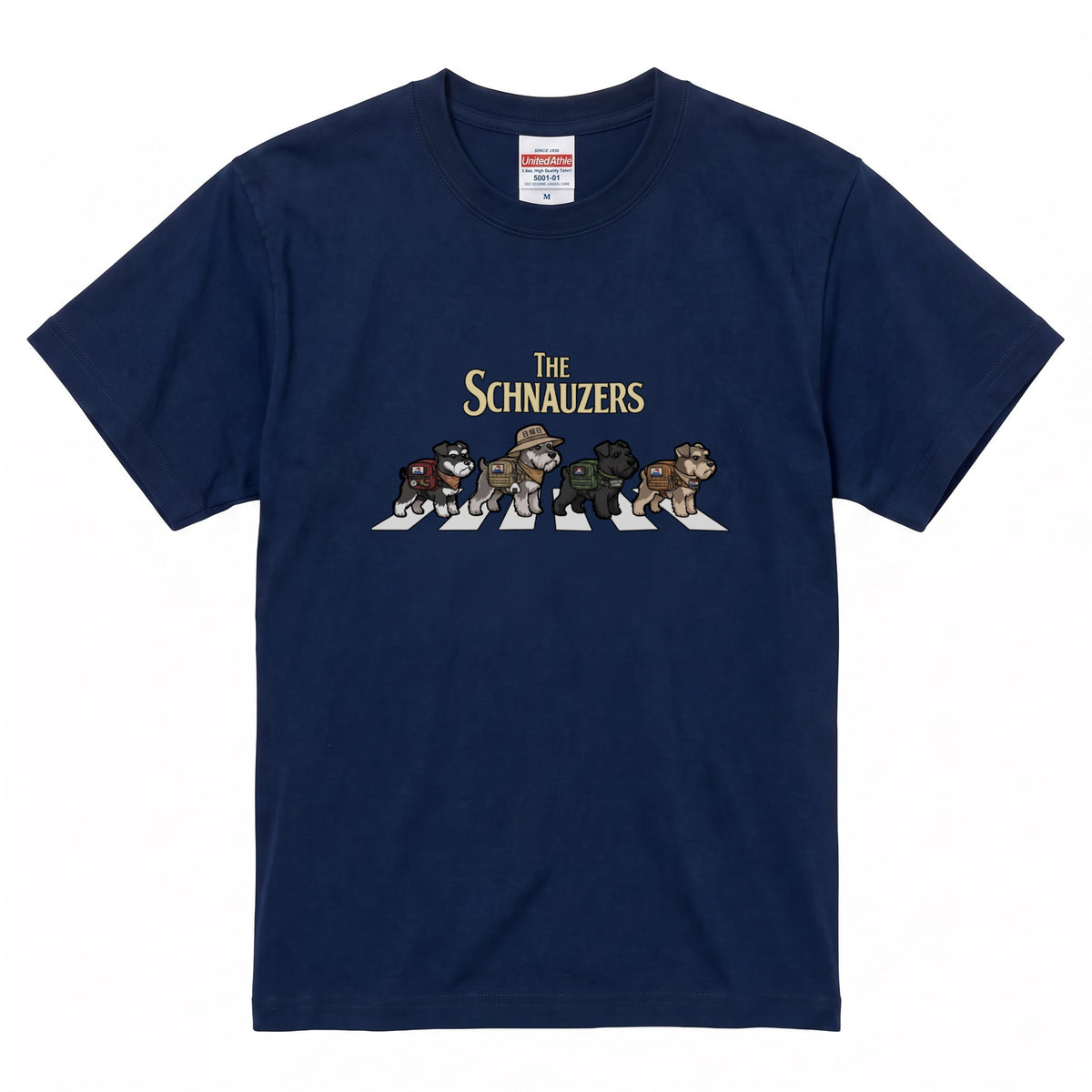 THE SCHNAUZERS 横断歩道 キャンプ ゆるかわ パロディTシャツ 【犬好き・愛犬家・アウトドア・ギフトに最適】