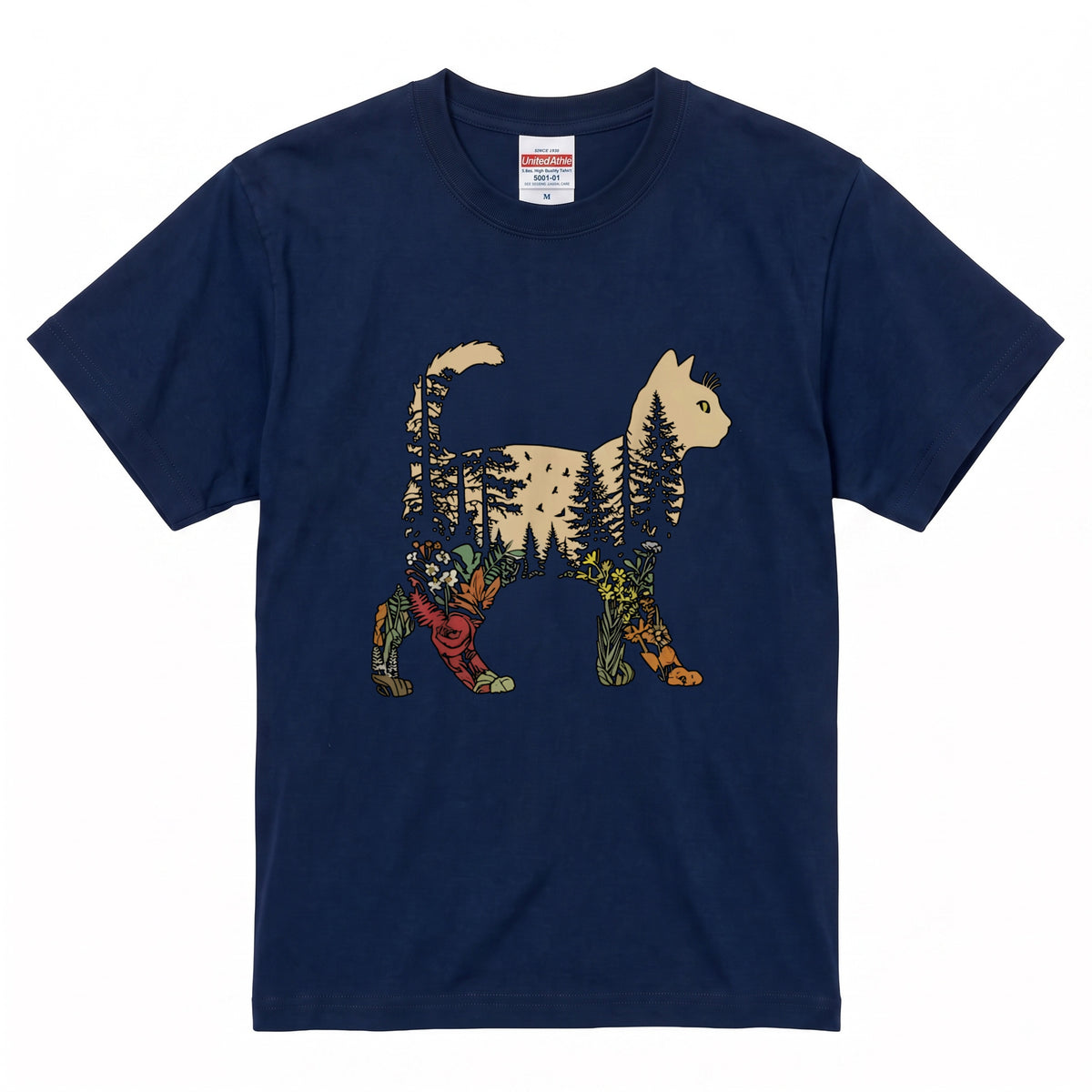 猫と森の植物 Tシャツ ｜ 猫好き・ボタニカル・自然・アウトドア・おしゃれに人気