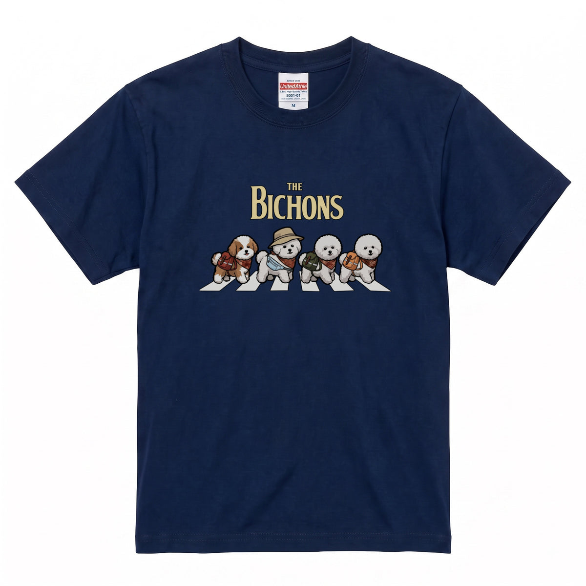 THE BICHONS 横断歩道 キャンプ ゆるかわ パロディTシャツ 【犬好き・愛犬家・アウトドア・ギフトに最適】
