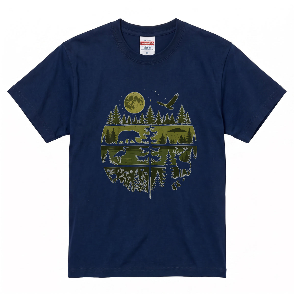 【Wildlife Forest Animals】月夜の森と野生動物 アート層グラフィック 白Tシャツ | CAMPMODE