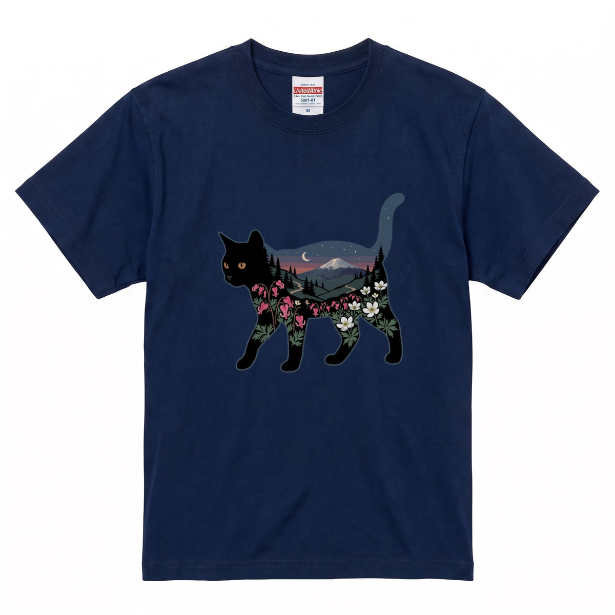 富士山と花咲く夜空 黒猫Tシャツ