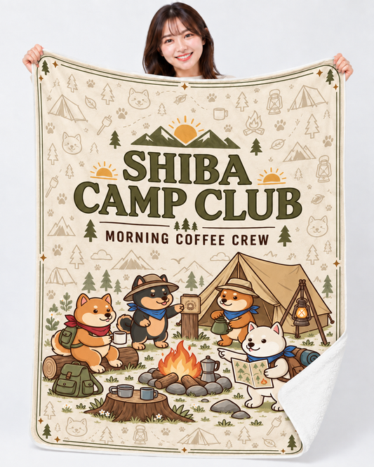 Shiba Camp Club V2 柴犬 キャンプ 総柄 アイボリー ブランケット | モーニングクルー