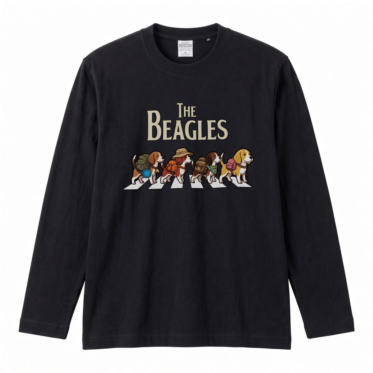 THE BEAGLES ビーグル犬散歩デザイン ホワイト長袖Tシャツ