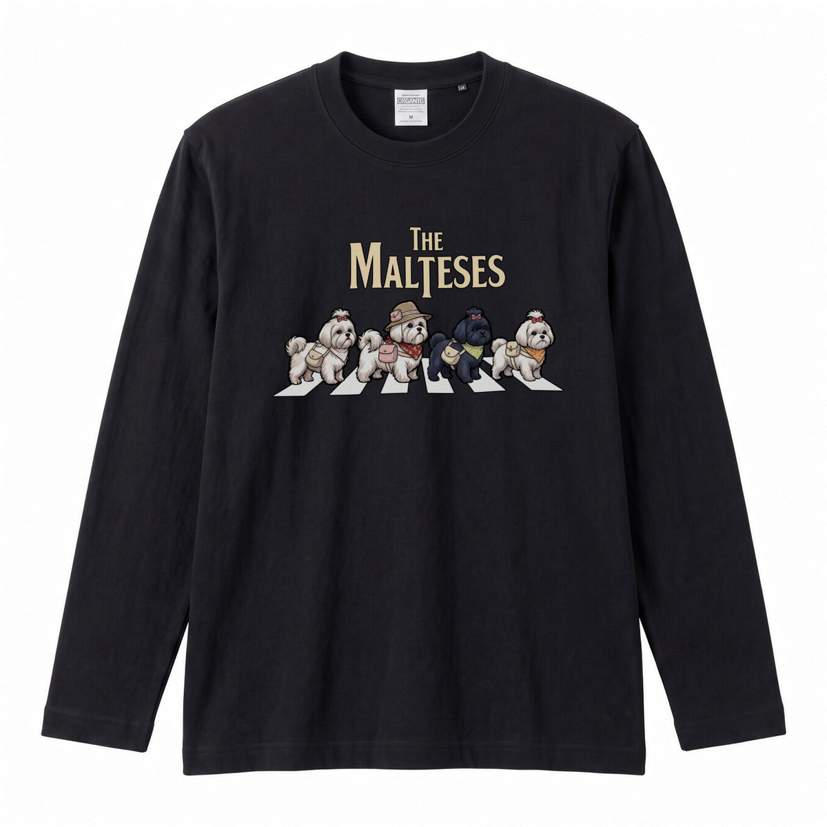 THE MALTESES マルチーズ散歩デザイン ブラック長袖Tシャツ