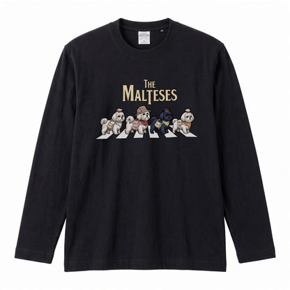 THE MALTESES マルチーズ散歩デザイン ブラック長袖Tシャツ