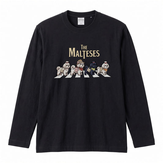 THE MALTESES マルチーズ散歩デザイン ブラック長袖Tシャツ