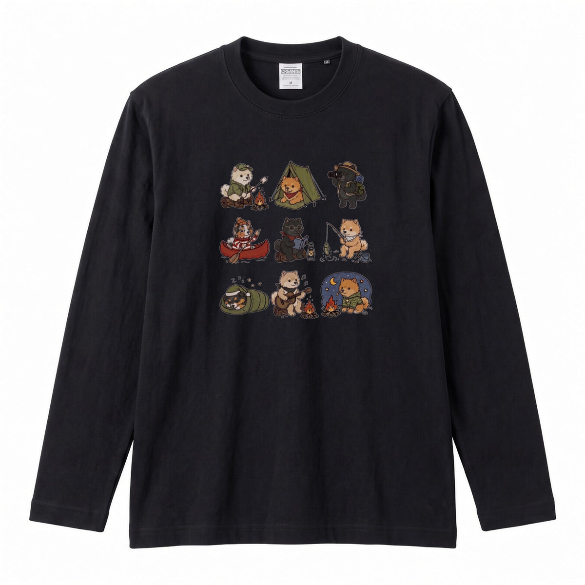 POMERANIAN CAMP | 手描き風 ポメラニアン キャンプギア かわいい グラフィック 長袖Tシャツ【犬雑貨・秋キャンプ・ルームウェア・ギフトに最適】