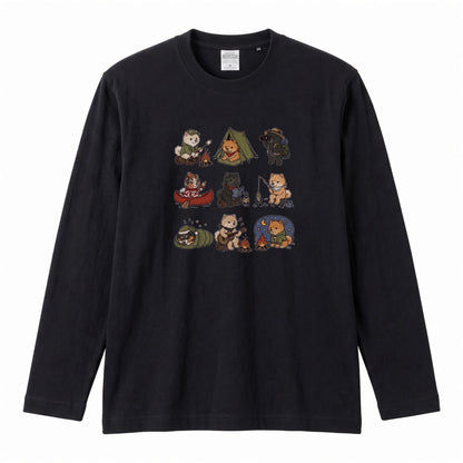 POMERANIAN CAMP | 手描き風 ポメラニアン キャンプギア かわいい グラフィック 長袖Tシャツ【犬雑貨・秋キャンプ・ルームウェア・ギフトに最適】