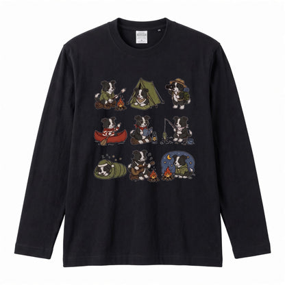 BORDER COLLIE CAMP | 手描き風 ボーダーコリー キャンプギア かわいい グラフィック 長袖Tシャツ【犬雑貨・秋キャンプ・ルームウェア・ギフトに最適】