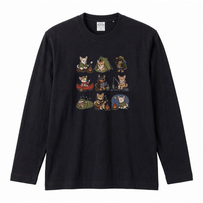 CHIHUAHUA CAMP | 手描き風 チワワ キャンプギア かわいい グラフィック 長袖Tシャツ【犬雑貨・秋キャンプ・ルームウェア・ギフトに最適】