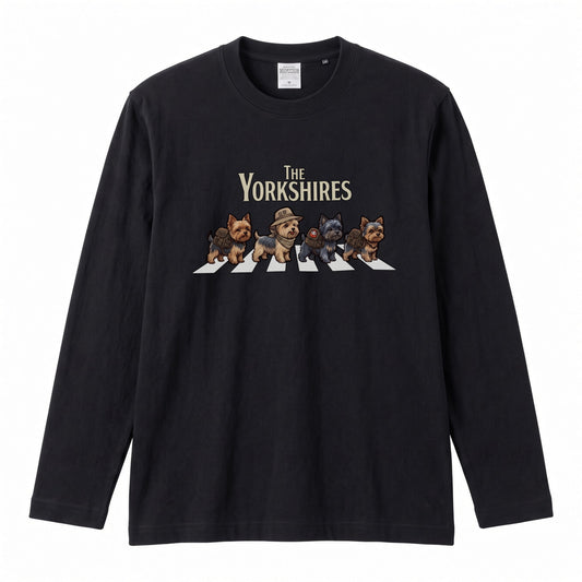 THE YORKSHIRES ヨークシャーテリア散歩デザイン ブラック長袖Tシャツ