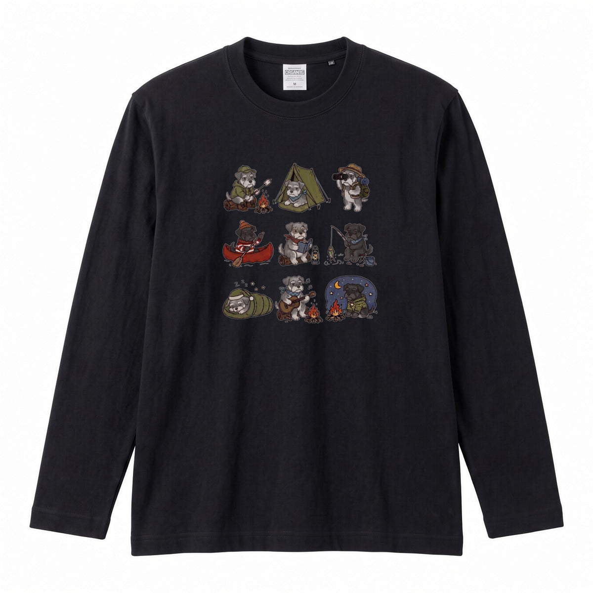 SCHNAUZER CAMP | 手描き風 シュナウザー キャンプギア かわいい グラフィック 長袖Tシャツ【犬雑貨・秋キャンプ・ルームウェア・ギフトに最適】