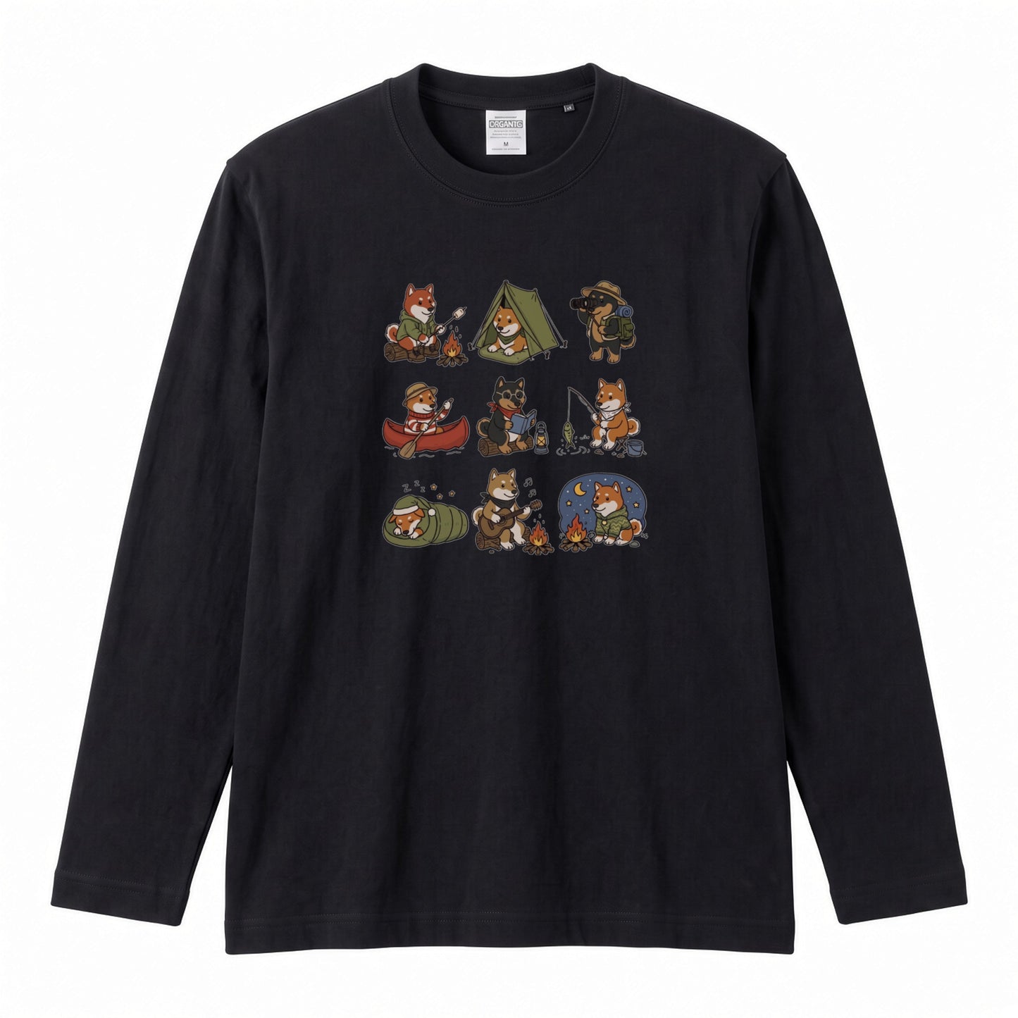 SHIBA CAMP | 手描き風 柴犬 キャンプギア かわいい グラフィック 長袖Tシャツ【和犬雑貨・秋キャンプ・アウトドア・ギフトに最適】