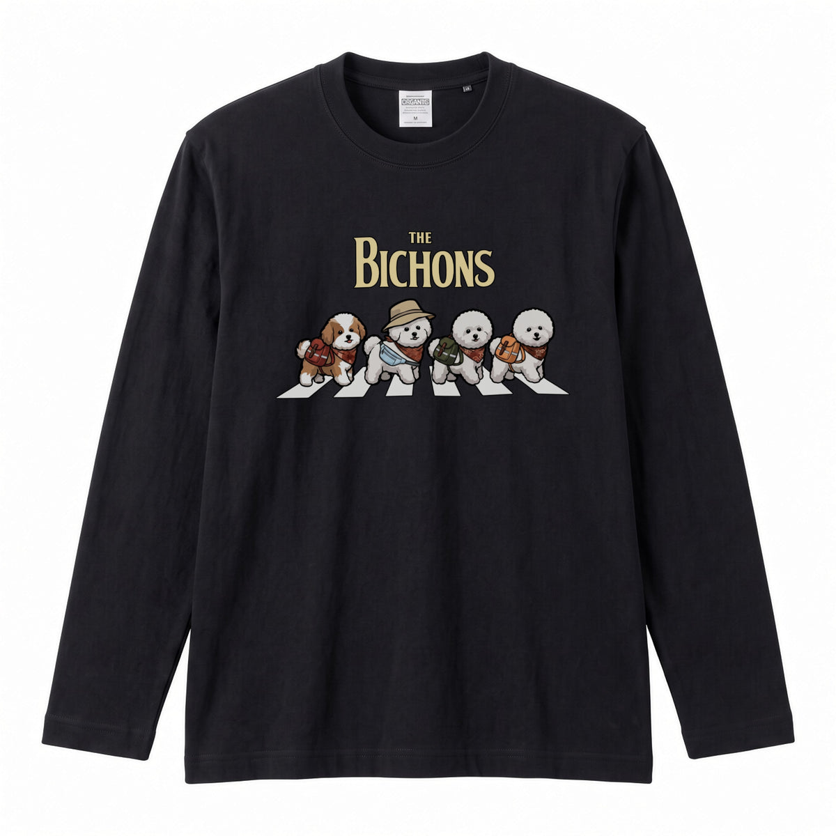 THE BICHONS ビションフリーゼ散歩デザイン ブラック長袖Tシャツ