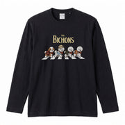 THE BICHONS ビションフリーゼ散歩デザイン ブラック長袖Tシャツ