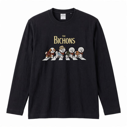 THE BICHONS ビションフリーゼ散歩デザイン ブラック長袖Tシャツ