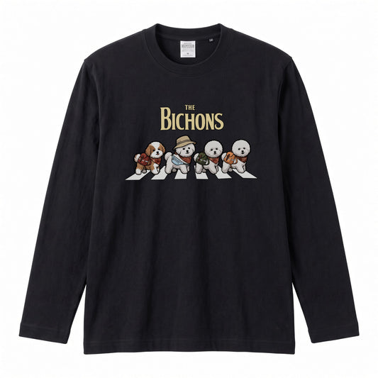 THE BICHONS ビションフリーゼ散歩デザイン ブラック長袖Tシャツ