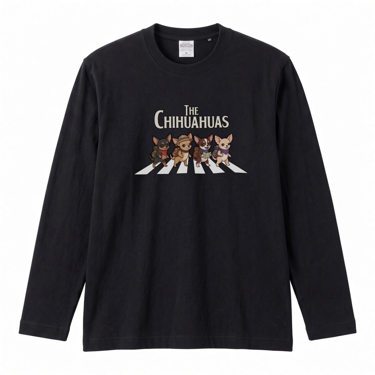 THE CHIHUAHUAS | チワワ 横断歩道 バンド風 ロンT 長袖Tシャツ 犬好き ロック【チワワグッズ・愛犬家・散歩・おもしろ・かわいい・誕生日ギフトに最適】