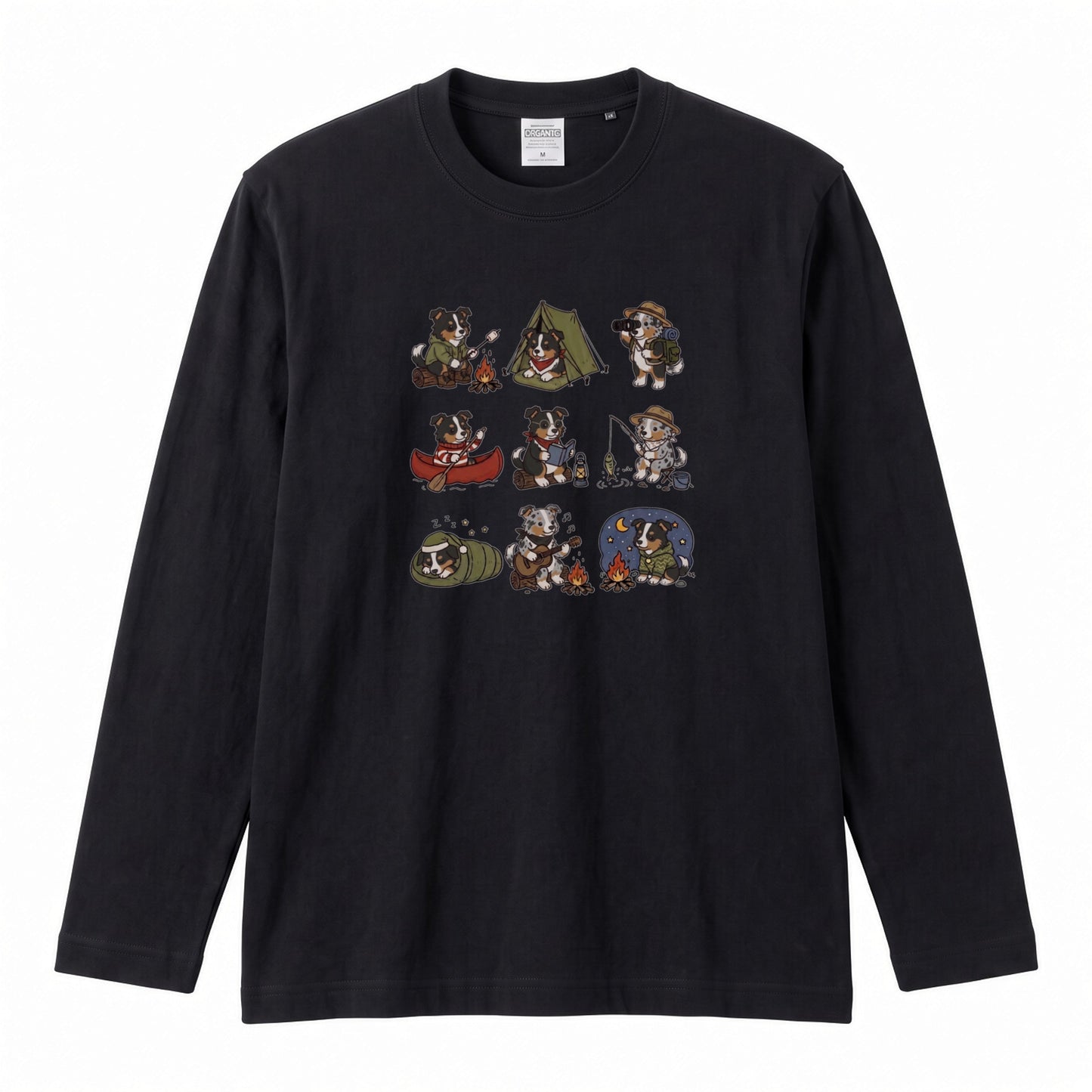 AUSTRALIAN SHEPHERD CAMP | 手描き風 オージー キャンプギア かわいい グラフィック 長袖Tシャツ【犬雑貨・秋キャンプ・ルームウェア・ギフトに最適】