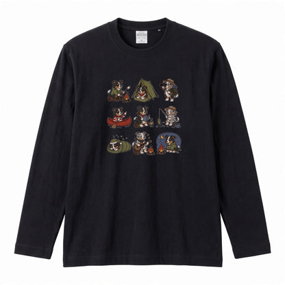 AUSTRALIAN SHEPHERD CAMP | 手描き風 オージー キャンプギア かわいい グラフィック 長袖Tシャツ【犬雑貨・秋キャンプ・ルームウェア・ギフトに最適】