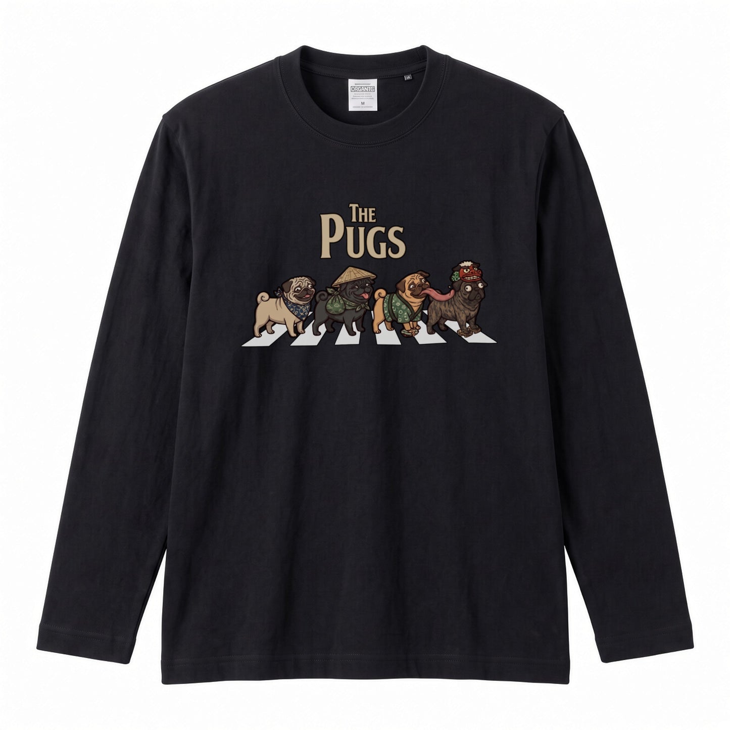 THE PUGS パグ散歩デザイン ブラック長袖Tシャツ