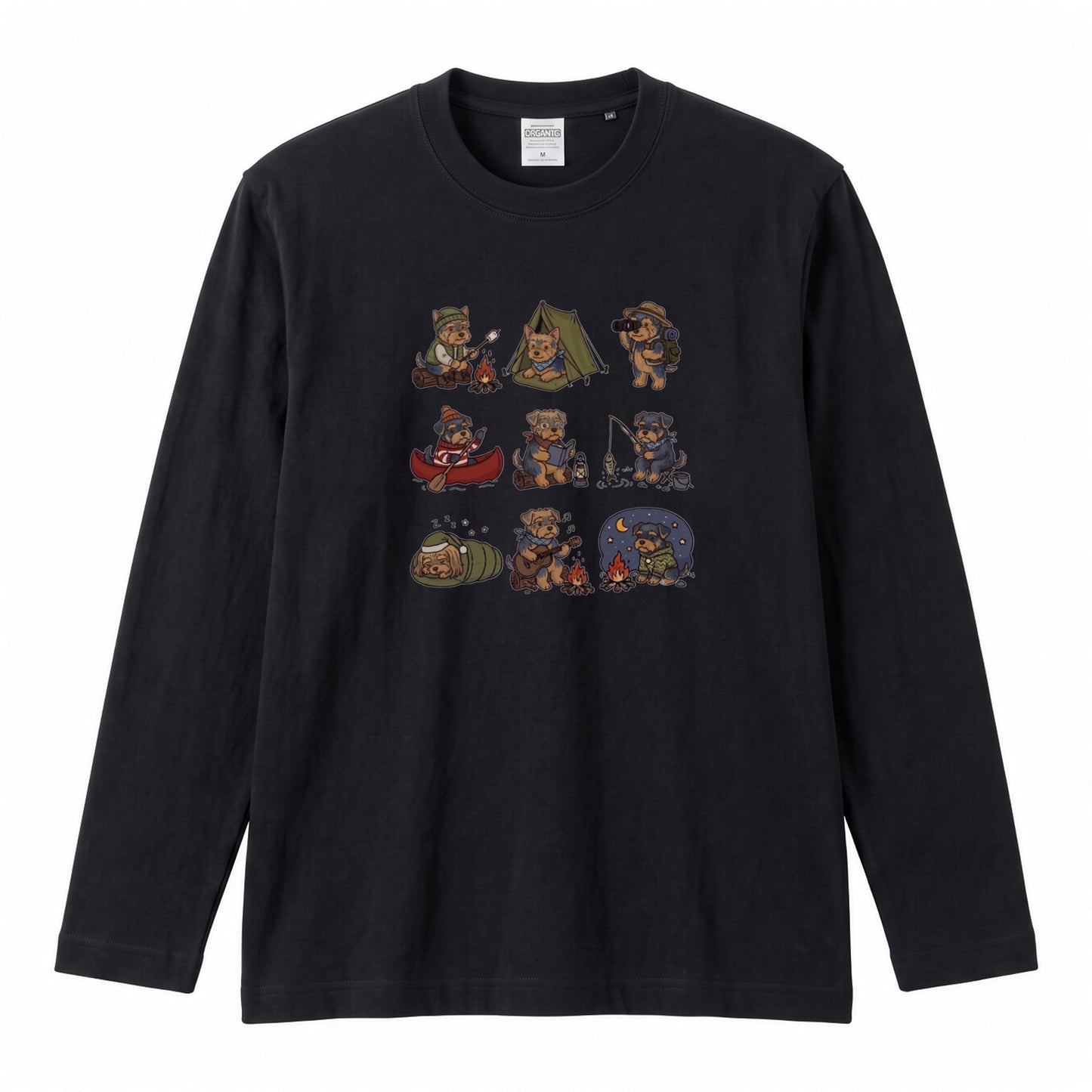 YORKIE CAMP | 手描き風 ヨーキー キャンプギア かわいい グラフィック 長袖Tシャツ【犬雑貨・秋キャンプ・ルームウェア・ギフトに最適】