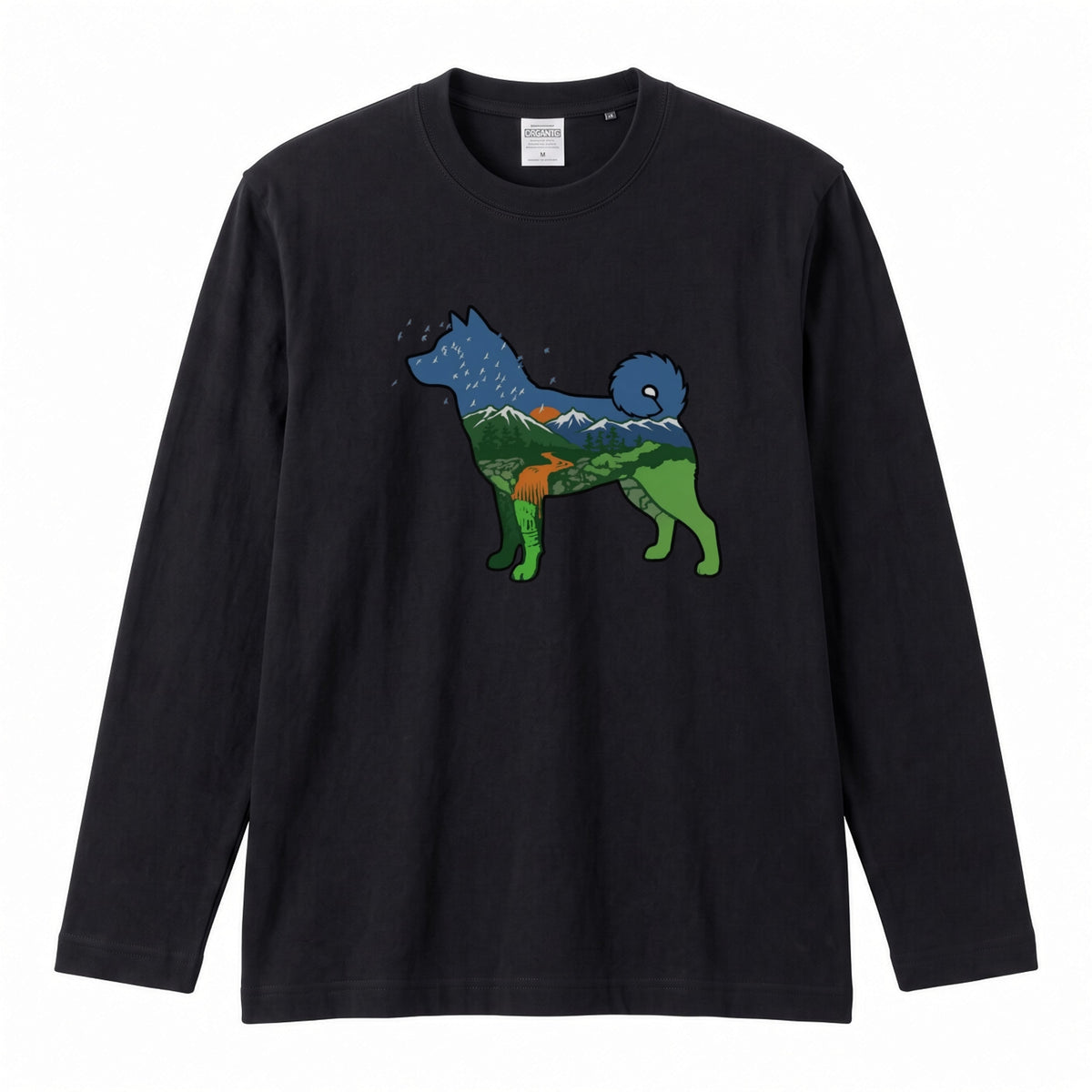 NATURE DOG ロンT | 日本犬シルエット 山と森 アートグラフィック 長袖 カジュアル Tシャツ【ドッグウェア・普段着・ルームウェア・ユニセックス・ギフトに最適】