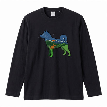 NATURE DOG ロンT | 日本犬シルエット 山と森 アートグラフィック 長袖 カジュアル Tシャツ【ドッグウェア・普段着・ルームウェア・ユニセックス・ギフトに最適】
