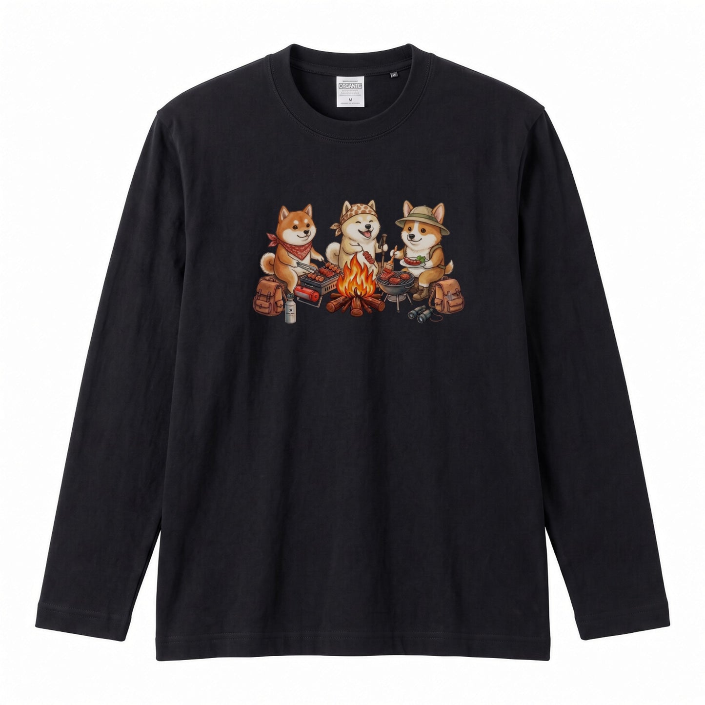 柴犬たちの焚き火BBQ 長袖Tシャツ