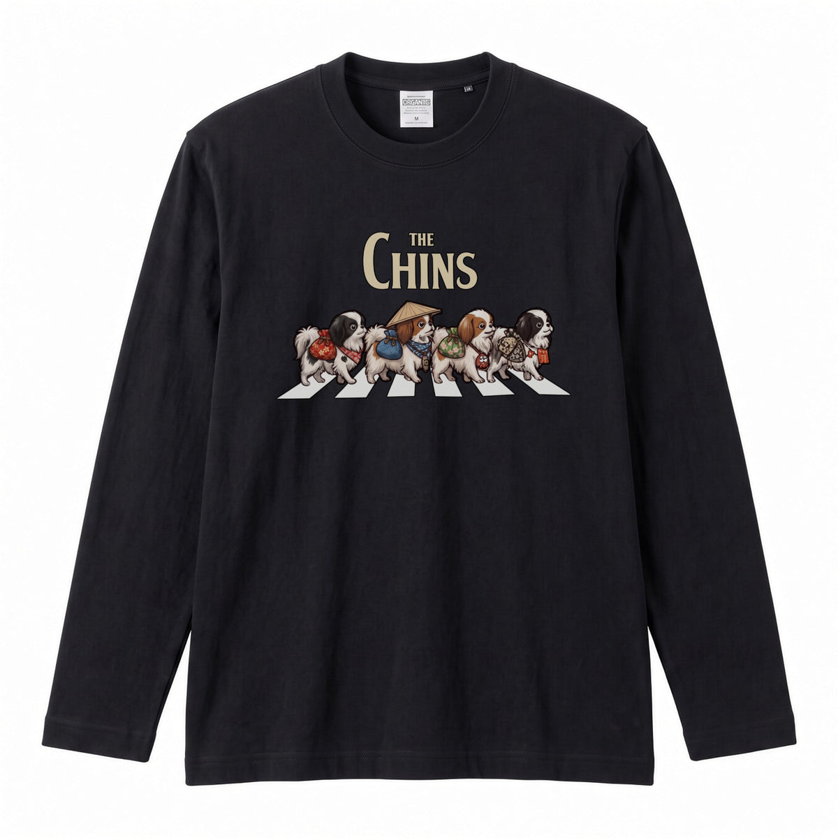 THE CHINS 狆（ちん）散歩デザイン ブラック長袖Tシャツ