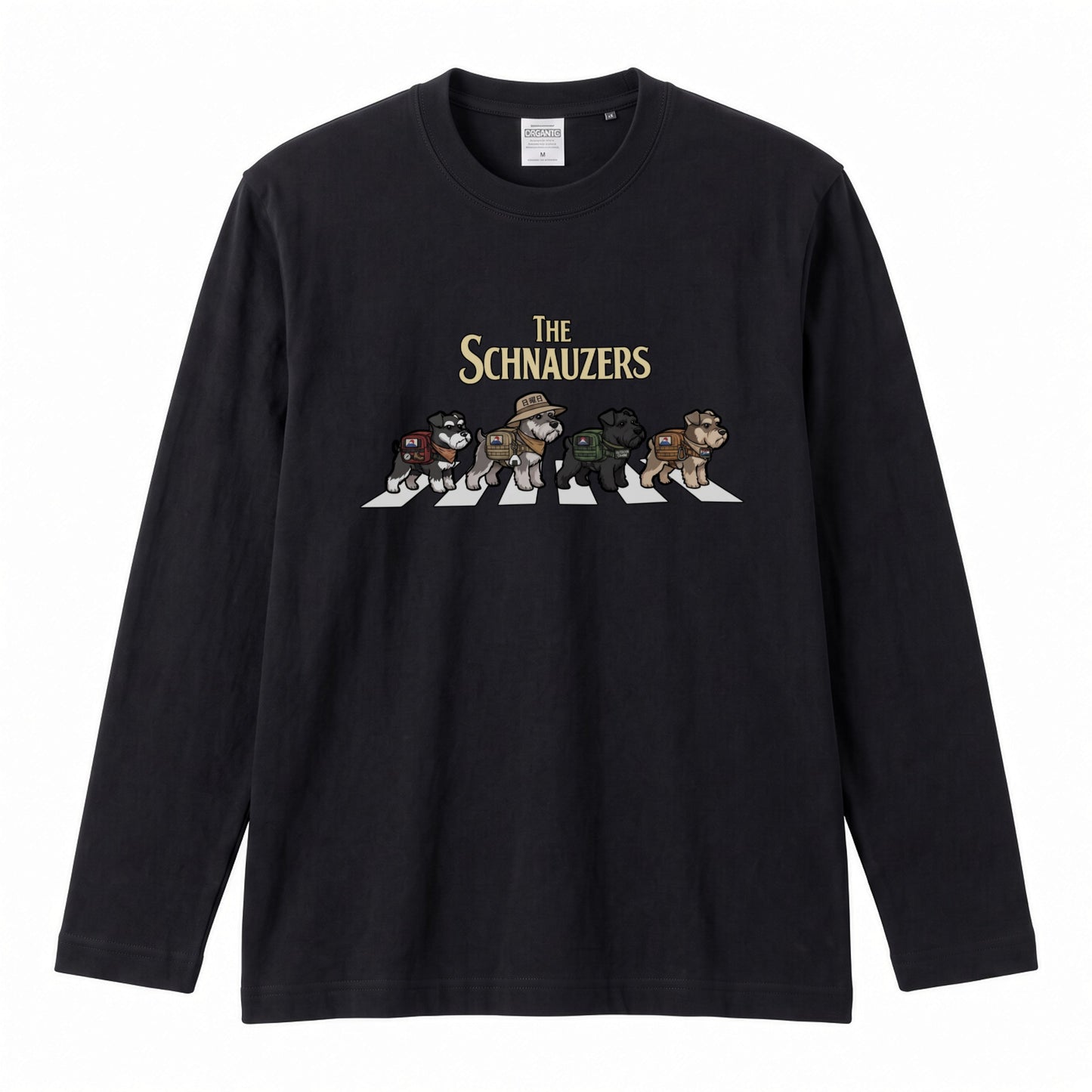 THE SCHNAUZERS ミニチュアシュナウザー散歩デザイン ブラック長袖Tシャツ