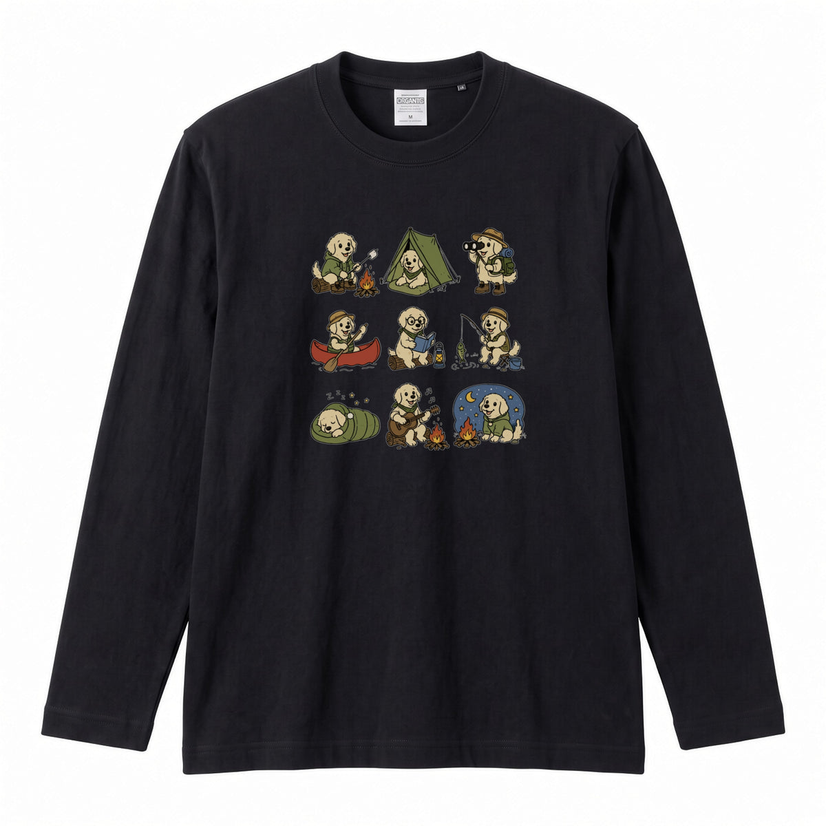 GOLDEN CAMP | 手描き風 ゴールデンレトリバー キャンプギア かわいい グラフィック 長袖Tシャツ【犬雑貨・秋キャンプ・ルームウェア・ギフトに最適】