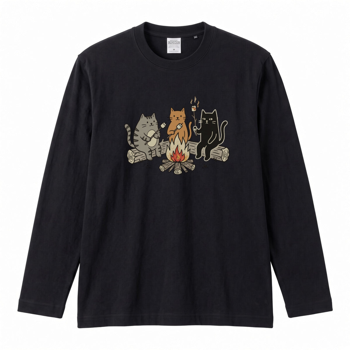 猫たちの焚き火マシュマロ 長袖Tシャツ
