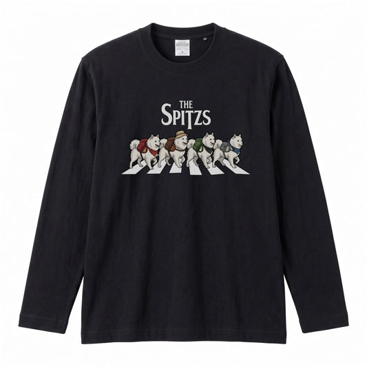 THE SPITZS 日本スピッツ散歩デザイン ブラック長袖Tシャツ