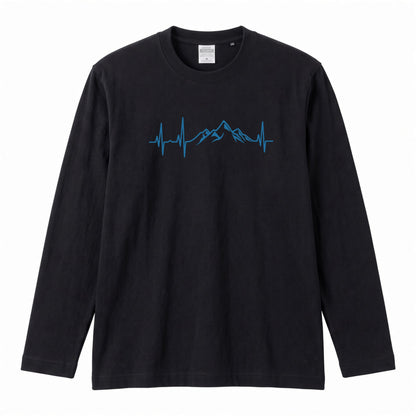 MOUNTAIN BEAT ロンT | ミニマル 山脈グラフィック 心拍数 長袖 カジュアル Tシャツ【アウトドアファッション・普段着・ルームウェア・ユニセックス・ギフトに最適