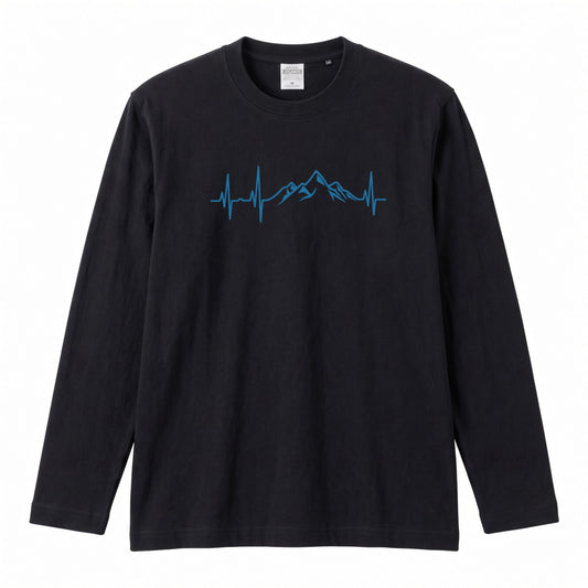 MOUNTAIN BEAT ロンT | ミニマル 山脈グラフィック 心拍数 長袖 カジュアル Tシャツ【アウトドアファッション・普段着・ルームウェア・ユニセックス・ギフトに最適