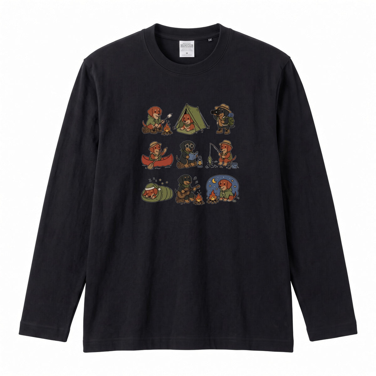 DACHSHUND CAMP | 手描き風 ミニチュアダックス キャンプギア かわいい グラフィック 長袖Tシャツ【犬雑貨・秋キャンプ・ルームウェア・ギフトに最適】