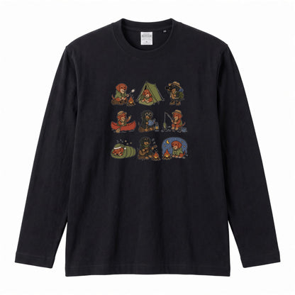 DACHSHUND CAMP | 手描き風 ミニチュアダックス キャンプギア かわいい グラフィック 長袖Tシャツ【犬雑貨・秋キャンプ・ルームウェア・ギフトに最適】