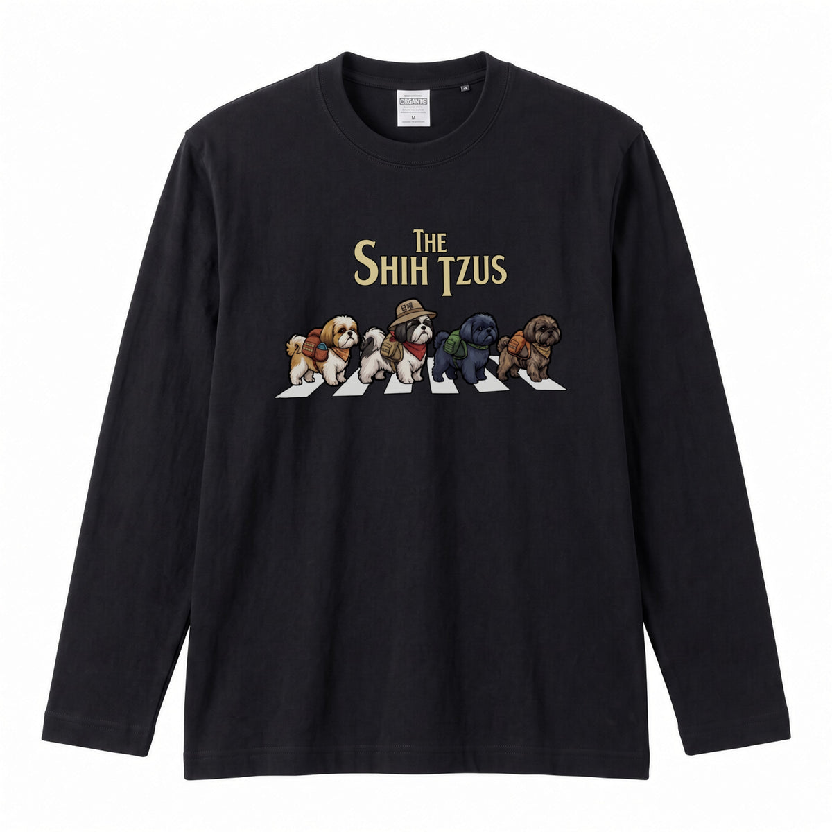 THE SHIH TZUS シーズー散歩デザイン ブラック長袖Tシャツ