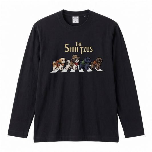THE SHIH TZUS シーズー散歩デザイン ブラック長袖Tシャツ