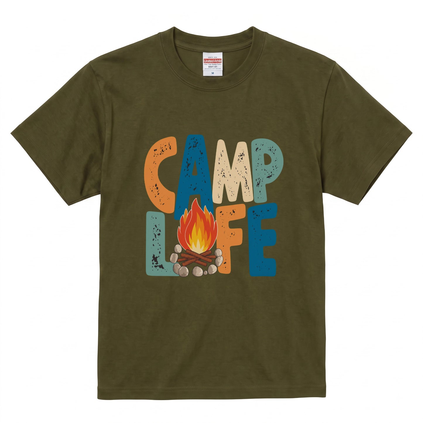 レトロ 「CAMP LIFE」 キャンプ Tシャツ - ヴィンテージ風 70年代 焚き火 グラフィックTシャツ アウトドア 服