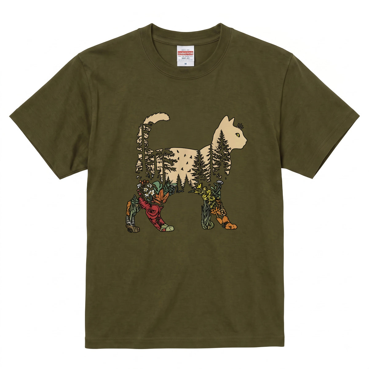 猫と森の植物 Tシャツ ｜ 猫好き・ボタニカル・自然・アウトドア・おしゃれに人気