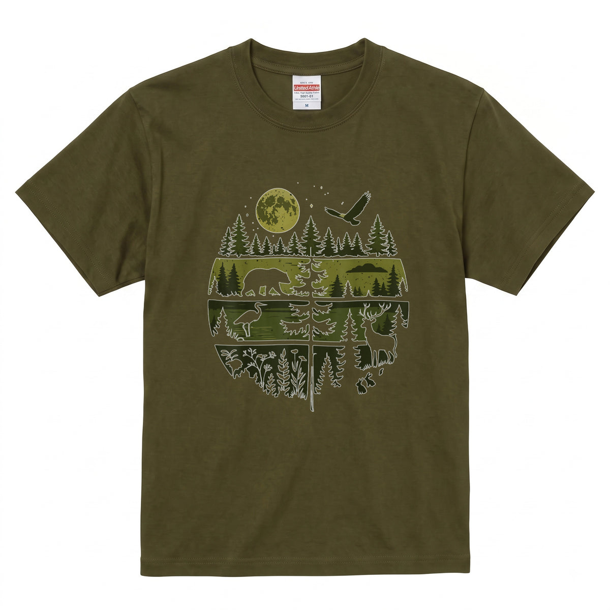 【Wildlife Forest Animals】月夜の森と野生動物 アート層グラフィック 白Tシャツ | CAMPMODE